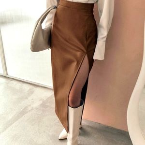 Quiet Luxury Faux Leather Slit Midi Skirt